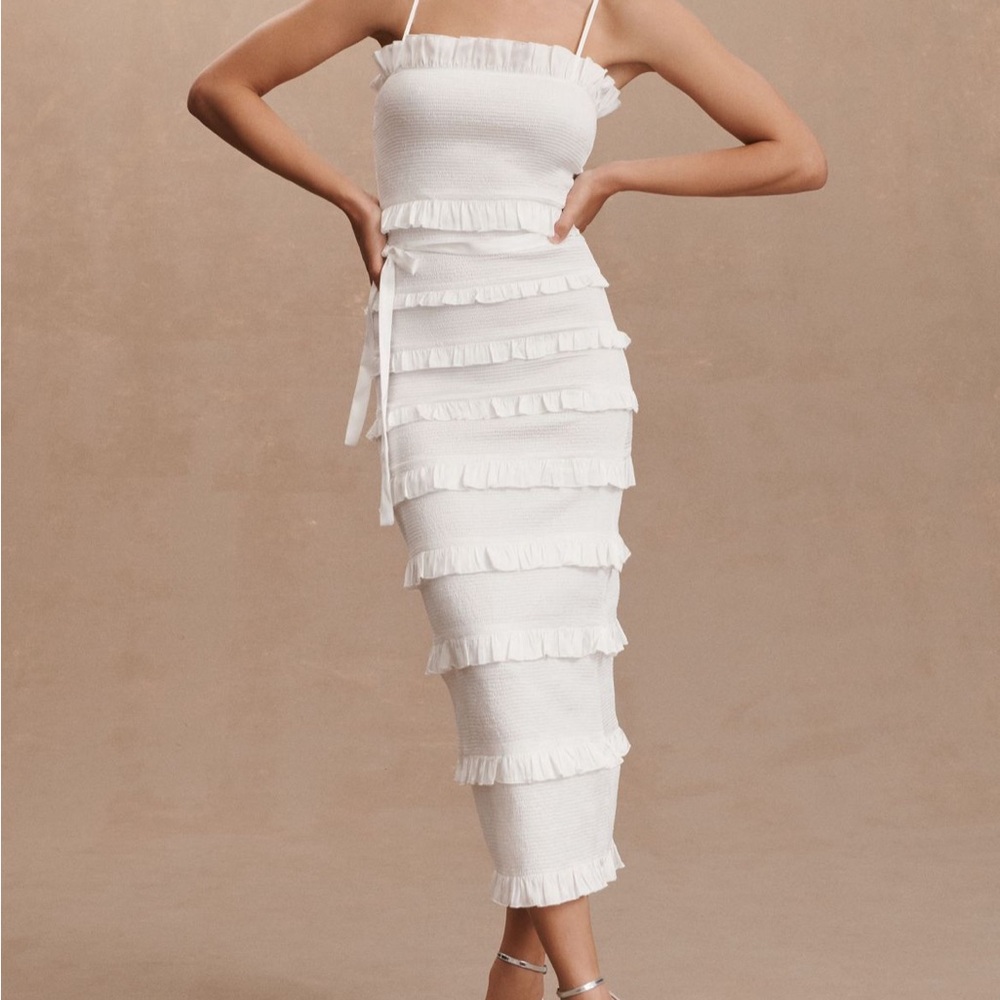 V. Chapman White Ruffle Midi Dress